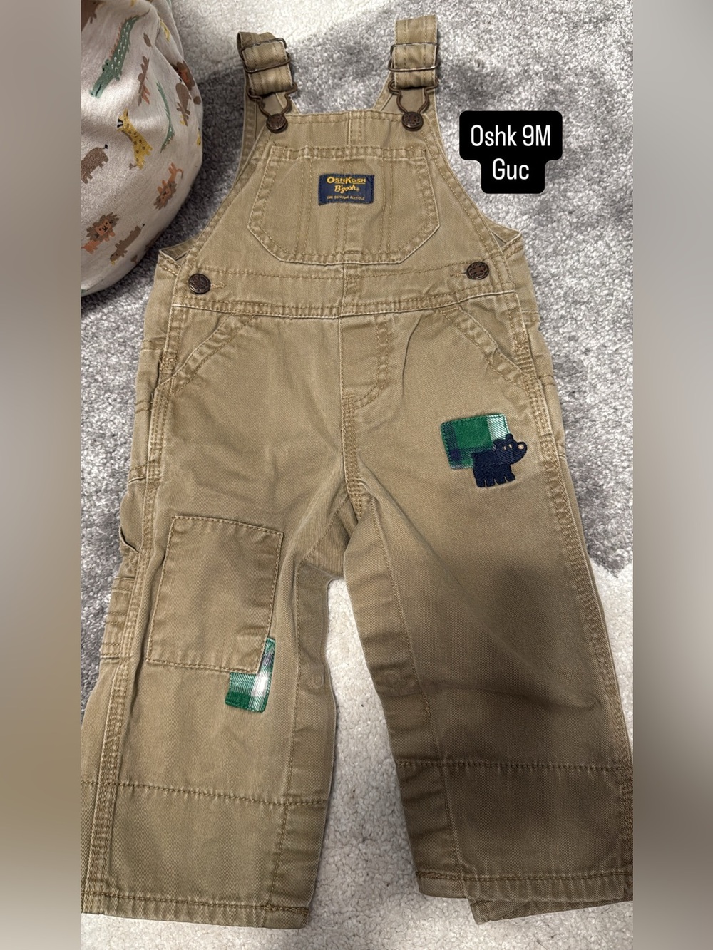 OshKosh B'gosh Tan Overalls with Green Patch Accents